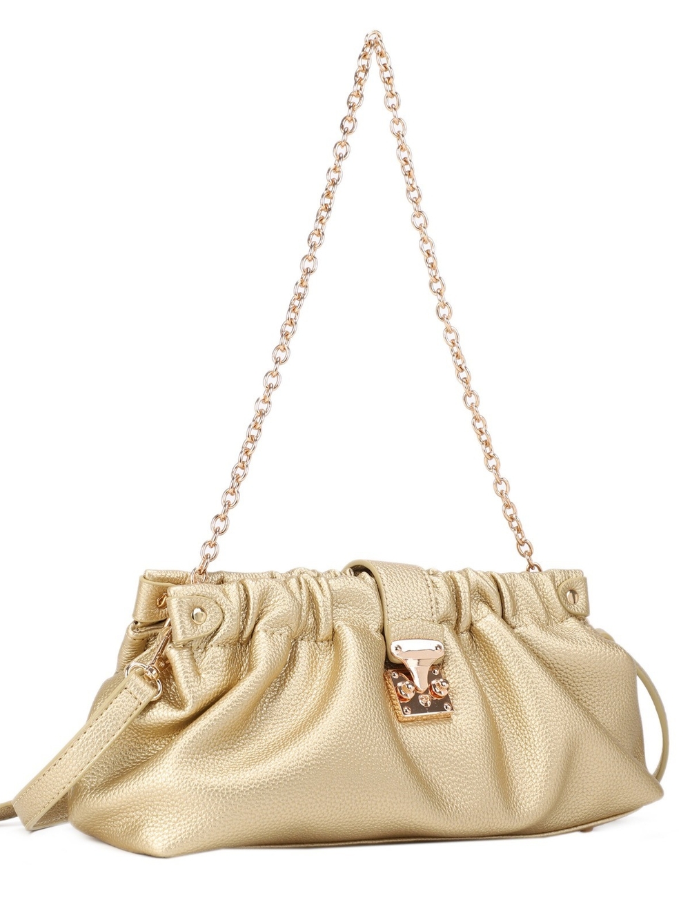 Gold Metallic Chain-Handle Evening Clutch